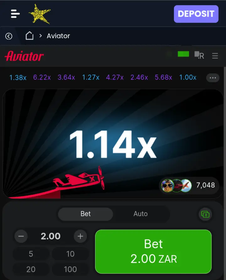 Aviator game interface showing the plane mid-flight