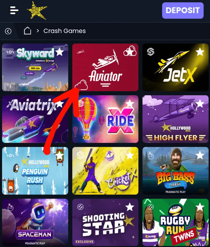 Selecting Aviator game from the Hollywoodbets menu