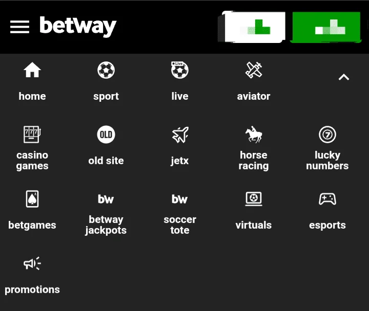 Betway main menu screenshot