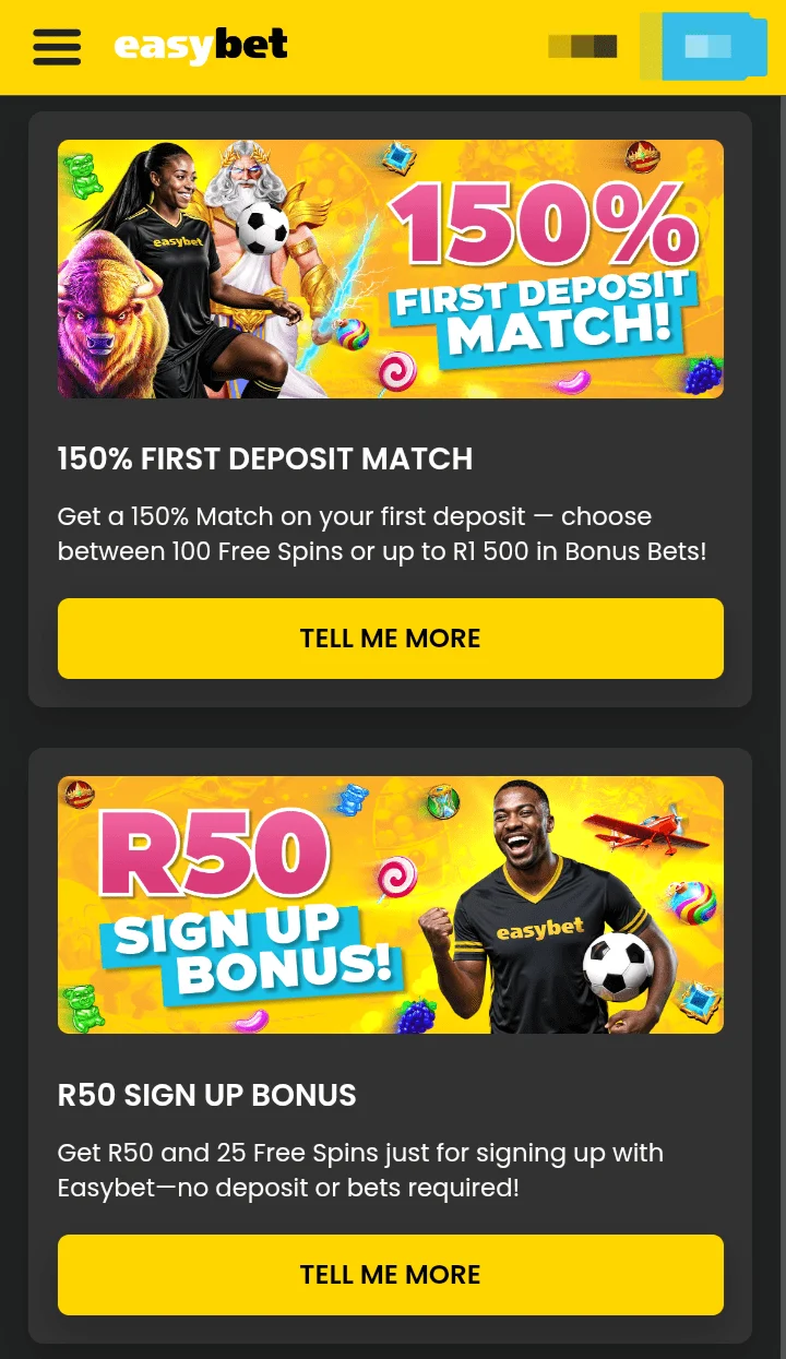 Easybet bonuses info screenshot