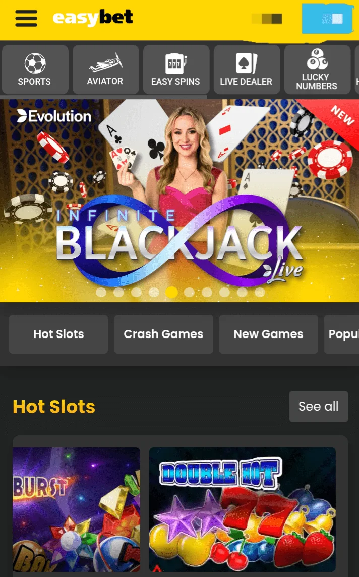 Easybet home page screenshot