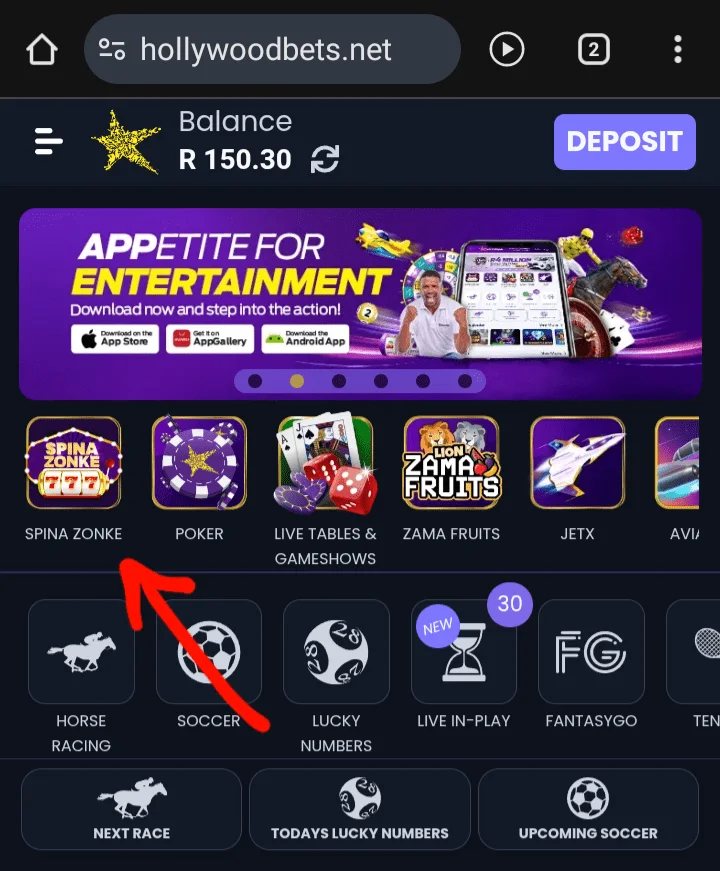 Selecting Spina Zonke from the Hollywoodbets mobile menu