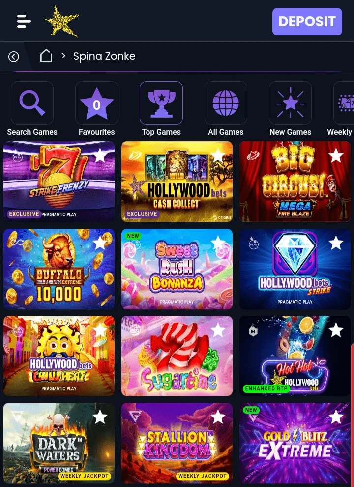 Spina Zonke games lobby on Hollywoodbets mobile