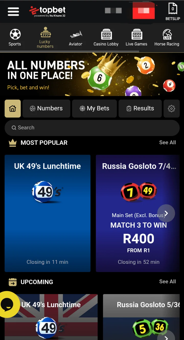Topbet lucky numbers tab screenshot
