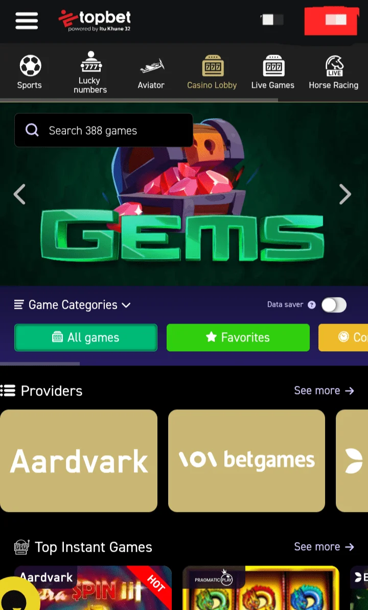 Topbet casino lobby screenshot